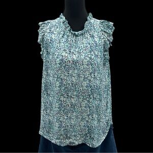 LOFT Blue and White Floral Ruffle Blouse